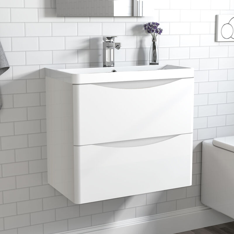 600mm Wall Hung Bathroom Cabinet Vanity Sink Unit with Basin,2 Drawers Gloss White - Acezanble