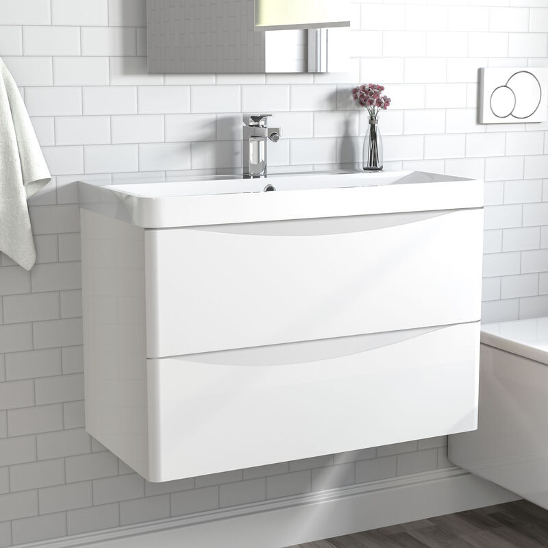 800mm Bathroom Vanity Unit Sink Wall Mounted Cabine 2 Drawers Gloss White - Acezanble