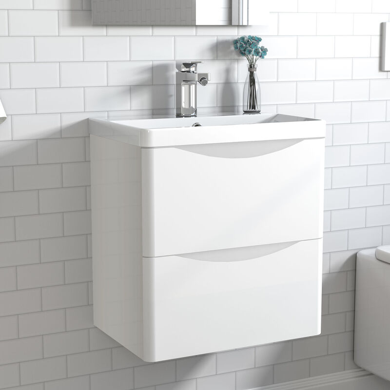 500mm Wall Hung Bathroom Cabinet Vanity Sink Unit with Basin,2 Drawers Gloss White - Acezanble