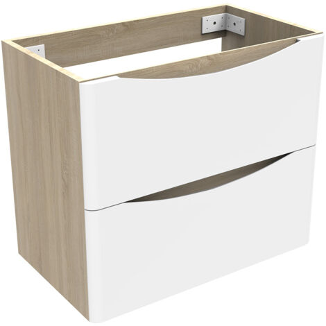 600mm Wall Hung Bathroom Vanity Unit without Basin Matt White+Oak 2 Soft Close Drawers - Flat Pack