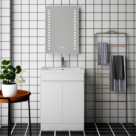 600MM White High gloss MDF Vanity unit, Soft closing, Disassembly, Double door, Freestanding + 101C White Large size Artificial stone basin