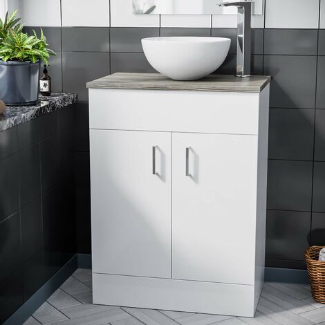 600mm White Vanity Cabinet with Oak Worktop and 320mm Round Basin  FALCON