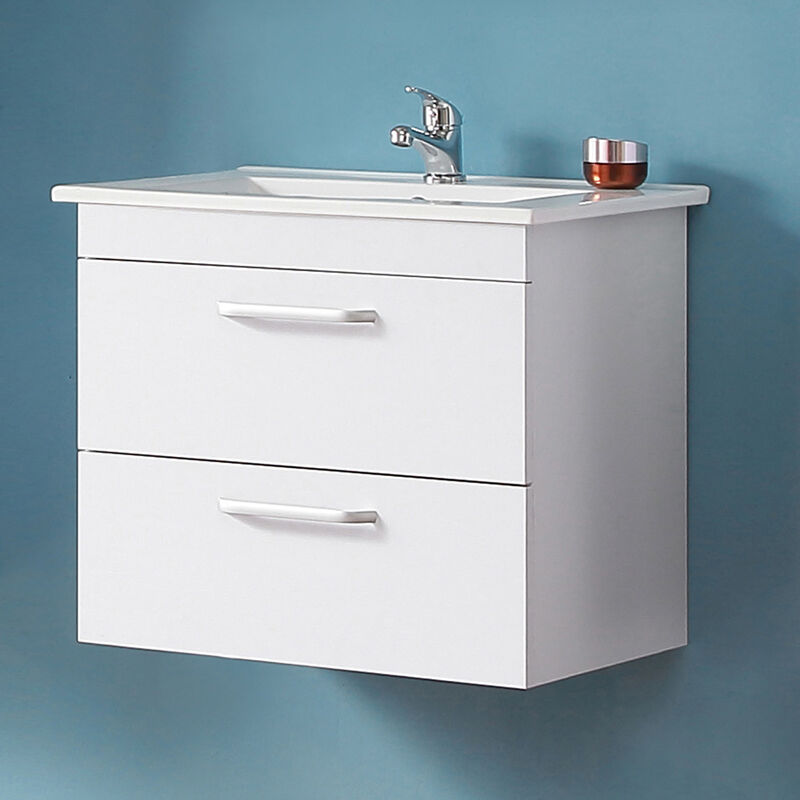 Acezanble 600mm White Vanity Sink Unit Ceramic Basin Cabinet Wall Hung Bathroom Furniture,2 Drawers