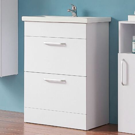 main image of "600mm White Vanity Sink Unit Ceramic Basin Wall Hung Bathroom Furniture,2 Drawers -Resin Basin - Matt White"