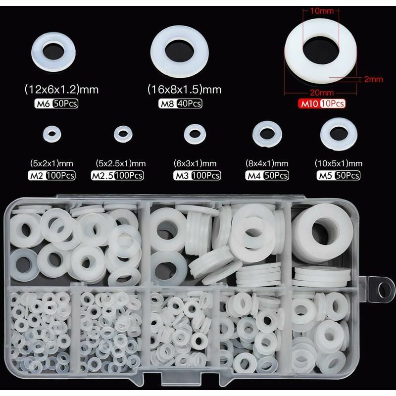 Trimec - 600pcs Rondelles Plastique, Entretoise Nylon M2 M2.5 M3 M4 M5 M6 M8 M10 M12 Rondelle pour Mécanique, Assortiment Joint Rondelle Étanchéité