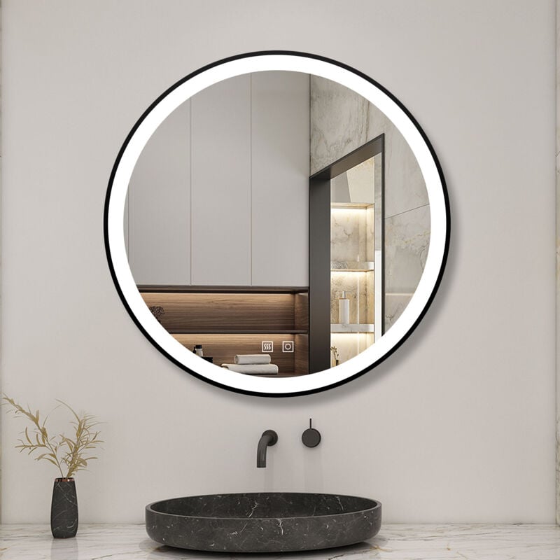 Biubiubath - 80 cm miroir de salle de bain led rond avec cadre noir, tricolore + anti-buée + mémoire + gradation infinie