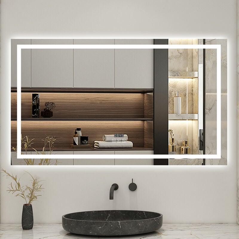 Biubiubath 80x60cm LED miroir de salle de bain tricolore anti-buée + bluetooth + horloge + mémoire + dimmable
