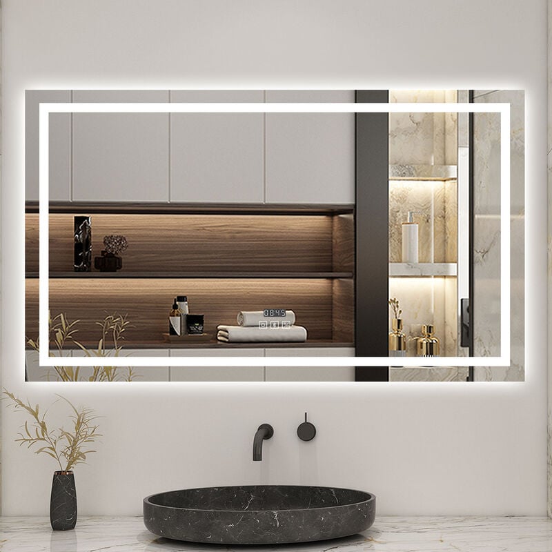 Biubiubath 120x70cm LED miroir de salle de bain tricolore anti-buée + bluetooth + horloge + mémoire + dimmable
