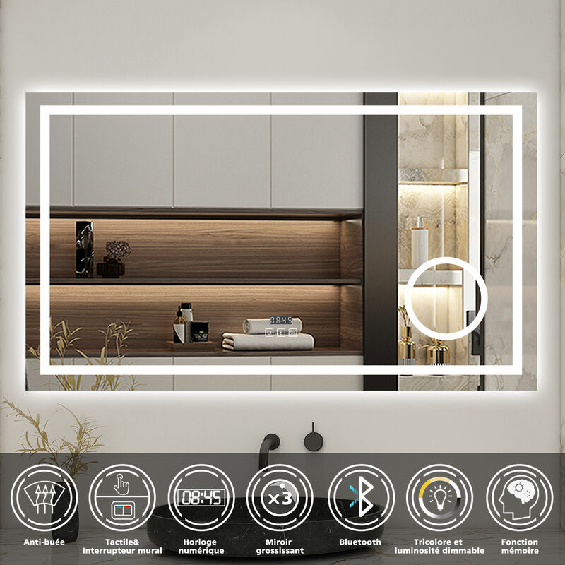 Biubiubath - 160x80cm led miroir de salle de bain tricolore anti-buée + loupe + bluetooth + horloge + mémoire + dimmable