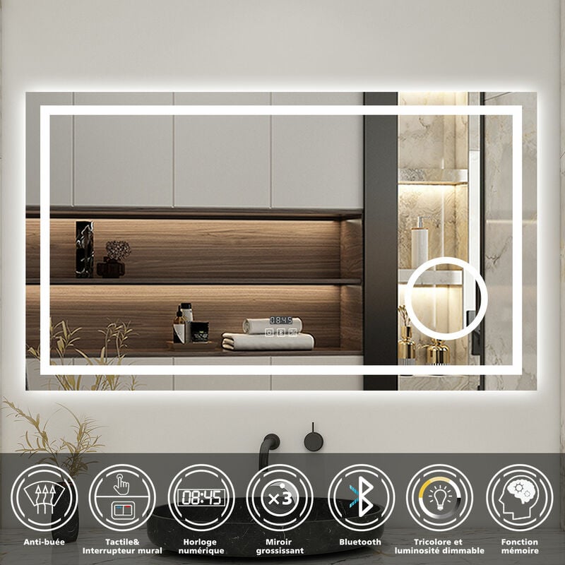 Biubiubath - 120x70cm led miroir de salle de bain tricolore anti-buée + loupe + bluetooth + horloge + mémoire + dimmable