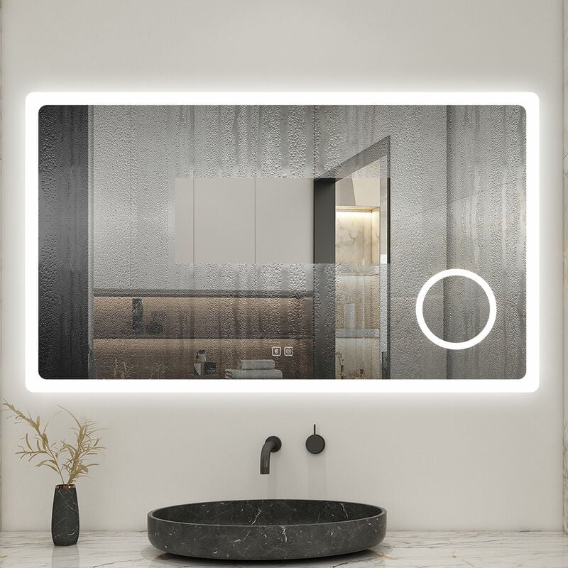 Biubiubath - 80x60cm Tricolor anti-buée led miroir de salle de bain avec bluetooth et miroir grossissant 3x,mémoire et lumière gradation