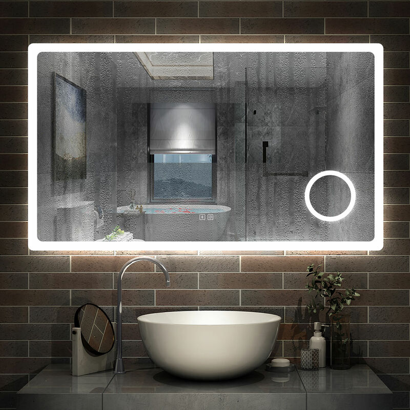 AICA sanitaire Miroir lumineux loupe + bluetooth + tricolore + anti-buée 120x70cm salle de bain dimmable mémoire tactile led