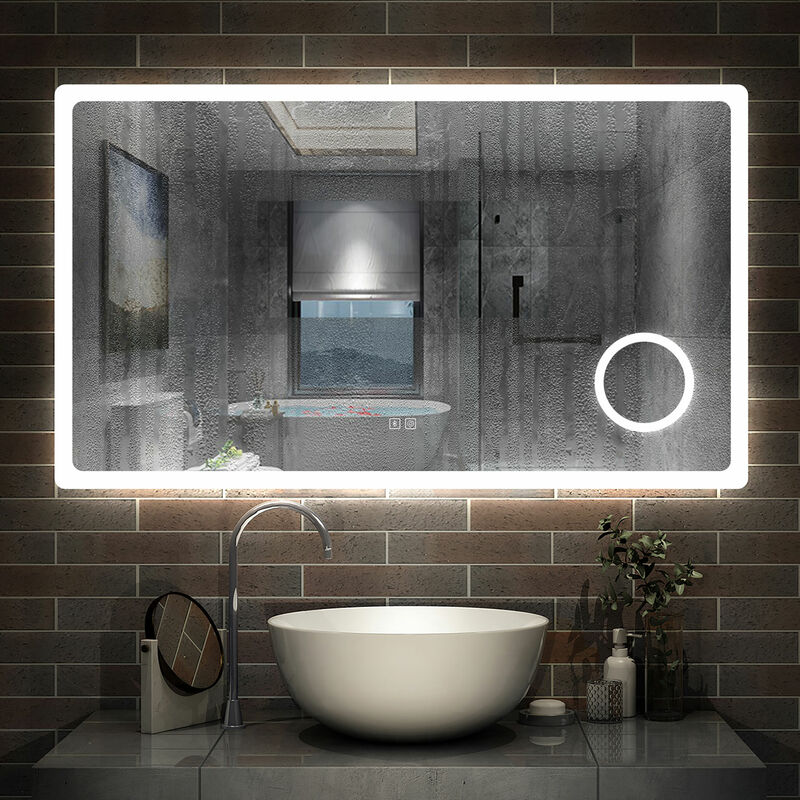 Aica Sanitaire - Miroir lumineux loupe + bluetooth + tricolore + anti-buée 80x60cm salle de bain dimmable mémoire tactile led