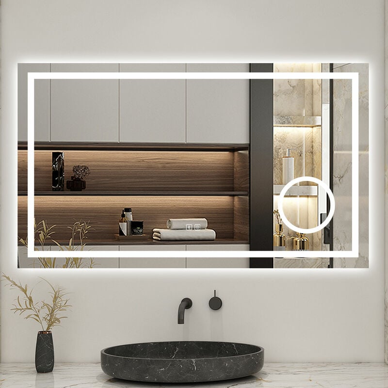 120x70cm led miroir de salle de bain tricolore anti-buée + bluetooth + loupe + mémoire + dimmable - Biubiubath