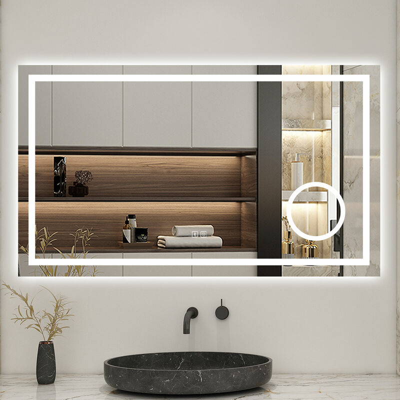 100x60cm led miroir de salle de bain tricolore anti-buée + bluetooth + loupe + mémoire + dimmable - Biubiubath