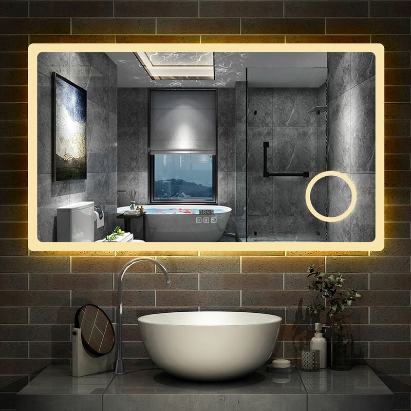 160x80cm Miroir lumineux Horloge + loupe + bluetooth + tricolore + anti-buée salle de bain dimmable mémoire tactile led - Aica Sanitaire