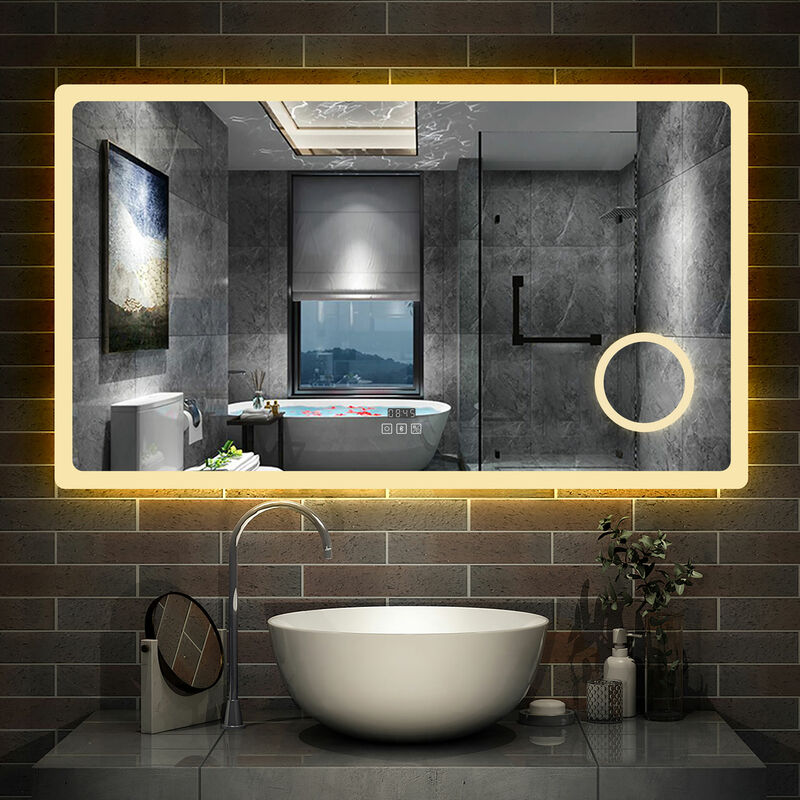 140x80cm Miroir lumineux Horloge + loupe + bluetooth + tricolore + anti-buée salle de bain dimmable mémoire tactile led - Aica Sanitaire