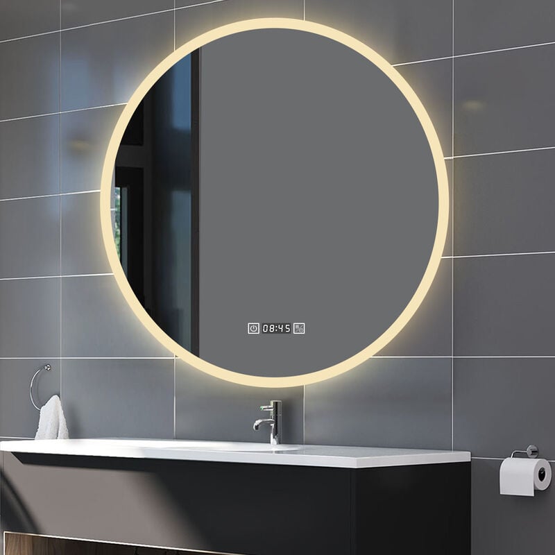 Biubiubath - 80x80cm Horloge Miroir Rond de Salle de Bain led Tricolore Anti-Buée