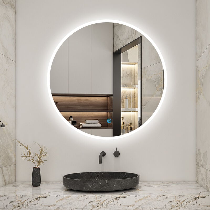 Biubiubath - 60x60cm led tricolore miroir rond de salle de bain anti-buée + mémoire + dimmable