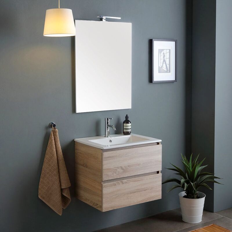 Kiamami Valentina - 60Cm Armoire De Salle De Bain 2 Tiroirs Effet Bois Miroir Avec Lampe Berlin