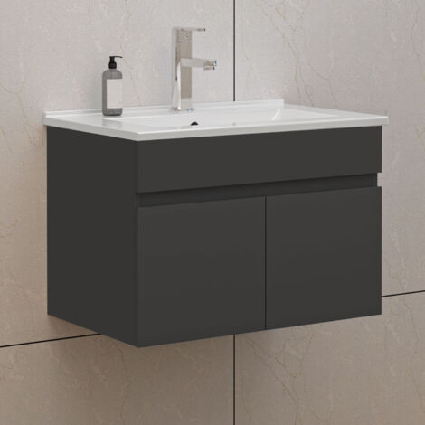 60cm Badmöbel Set mit Waschbecken Keramik dünn Waschtisch mit Unterschrank Gäste WC Anthrazit Matt