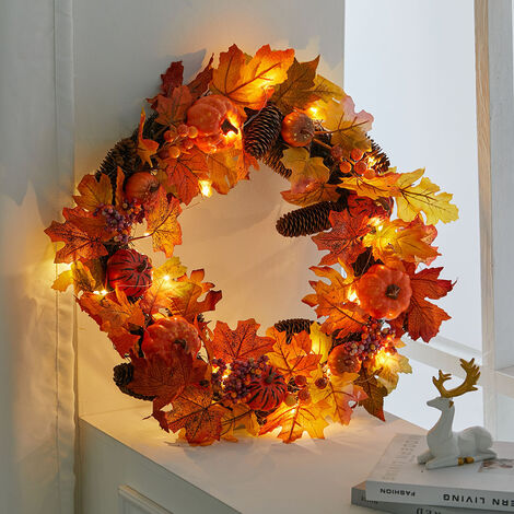 60CM Christmas Halloween Artificial Maple Pine Cone Wreath Rattan with LED Light