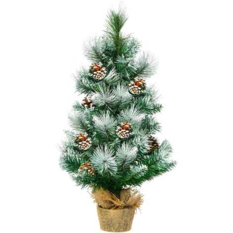 60cm Künstlicher Mini Weihnachtsbaum, 34 Spitzen PVC Nadeln, COSTWAY Tisch Tannenbaum mit Zementbasis, schneebedeckter Christbaum mit Kiefernzapfen, Kunstbaum Weihnachten, grün
