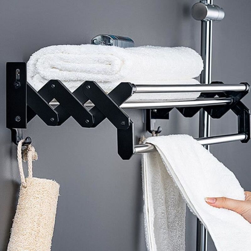 60CM Porte Serviette Rétractable Etagère Mural Avec Crochet Salle de Bain Support Rangement Acier Inoxydable