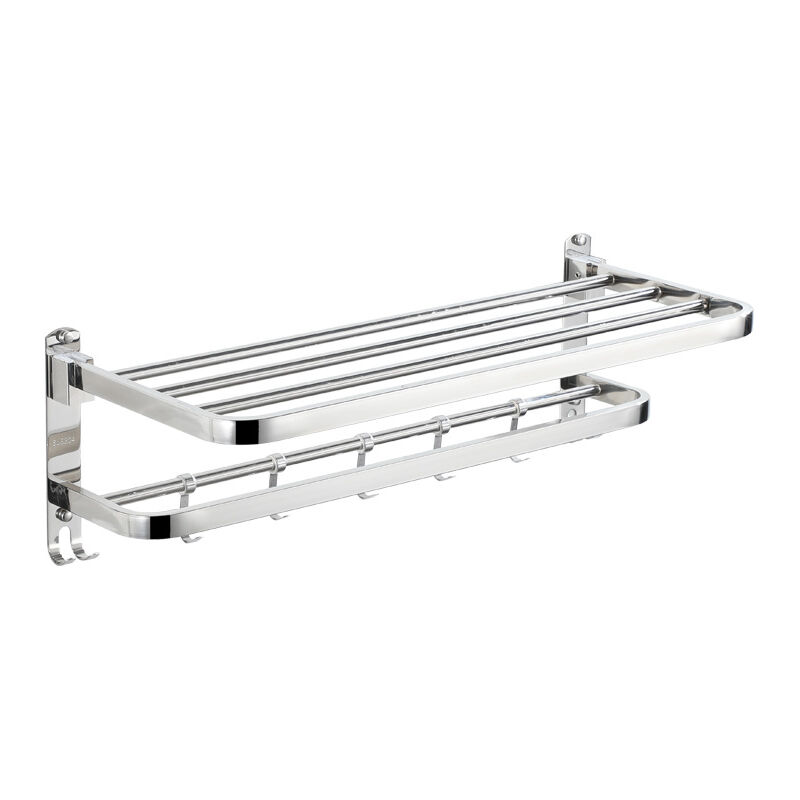 Gotrays - 60cm Porte-Serviettes Pliable à Double Couche Porte Serviettes Murale en Acier Inoxydable Étagère Serviette Multifonction avec 5 Crochets