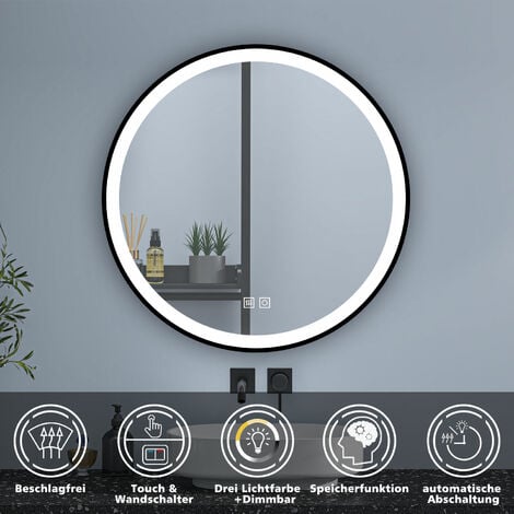 60cm Rund Badspiegel Antibeschlage Badezimmerspiegel mit schwarzem Rahmen Badspiegel mit Beleuchtung, Beschlagfrei+3 Lichtfarben Dimmbar+Memory Funktion+Zeitgesteuerte Abschaltung