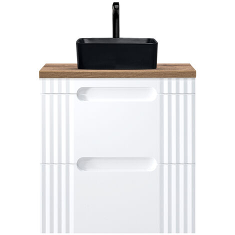 60cm Waschtischunterschrank mit Aufsatzwaschbecken in schwarz FAIRFIELD-56 weiß mit Eiche Nb., B/H/T ca. 60,4/77,5/46 cm