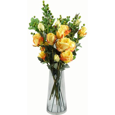 60cm Yellow Rose Artificial Flowers Glass Vase