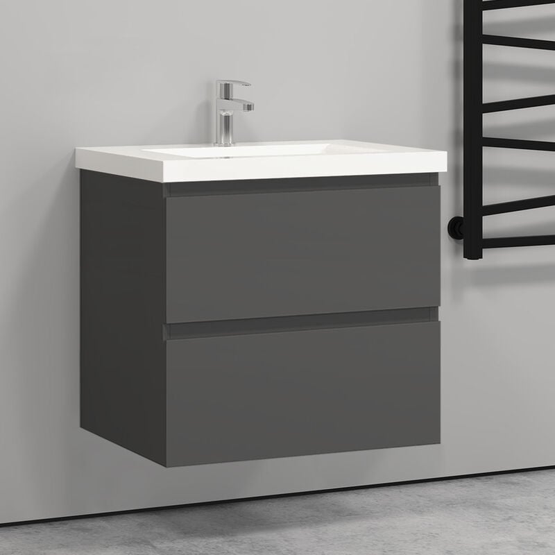Aica Sanitaire - 60cm(L)x38.5cm(P)x52cm(H)Meuble salle de bain anthracite deux tiroirs avec une vasque à suspendre.