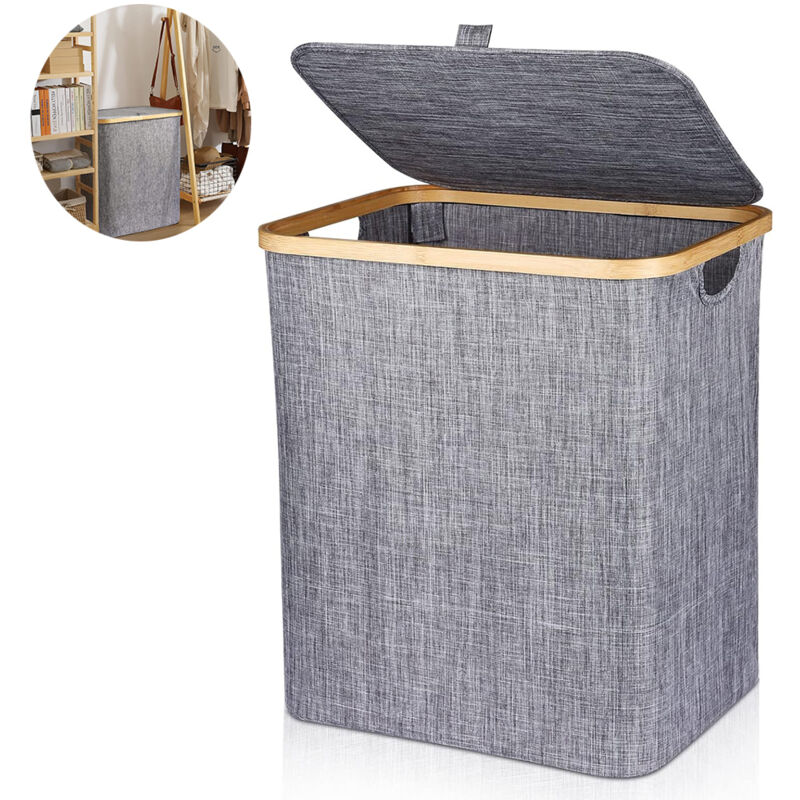 Csparkv 60l Laundry Basket Foldable Laundry Hamper Bamboo Laundry Basket Laundry Box With Lid & Handle, Rectangular Dirty Laundry Basket For Dirty Clothes,