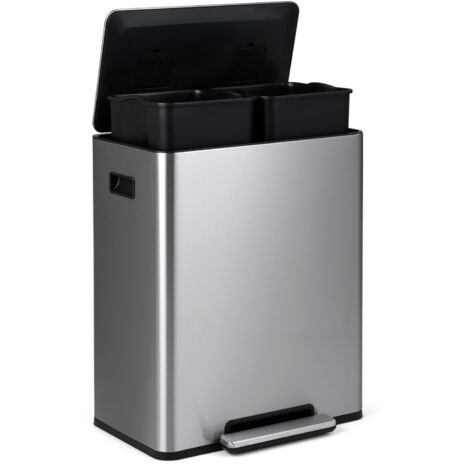 60L Poubelle de Cuisine à Pédale en Acier Inoxydable, 2 Compartiments, Tri Sélectif, Seau Intérieur Amovible, Couvercle à Ouverture Douce, Argent