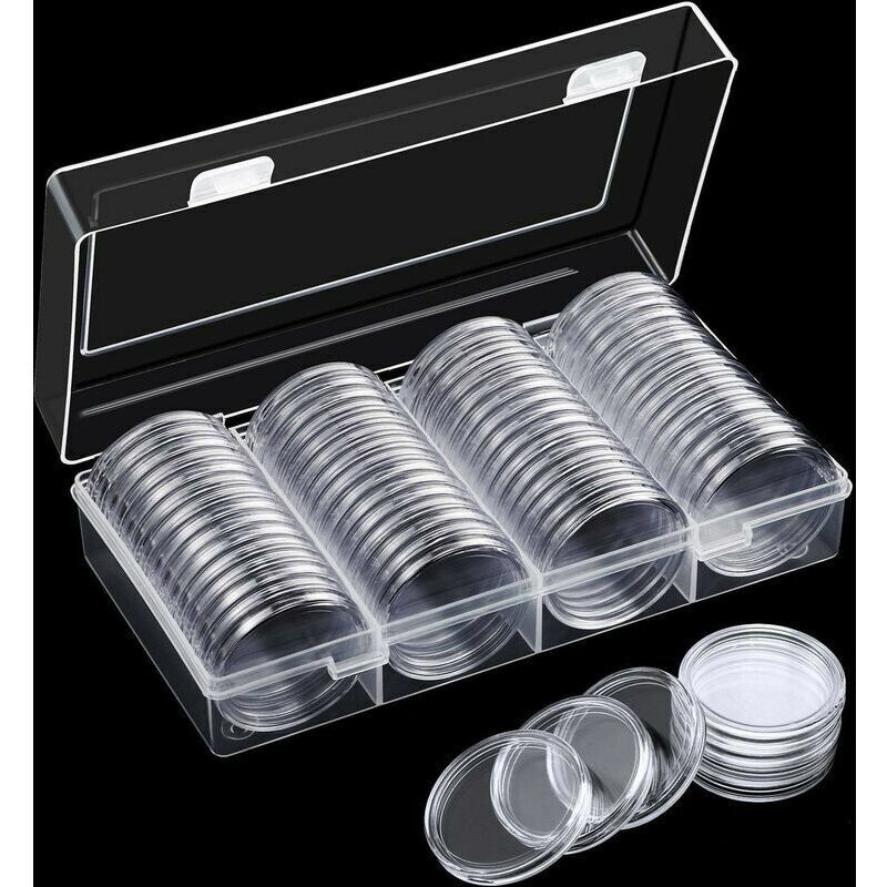 60PCS 40mm Capsules de Monnaie Titulaireavec Boîte de Rangement en Plastique Capsules de Stockage Titulaire pour Collecte et Stockage de Pièce de