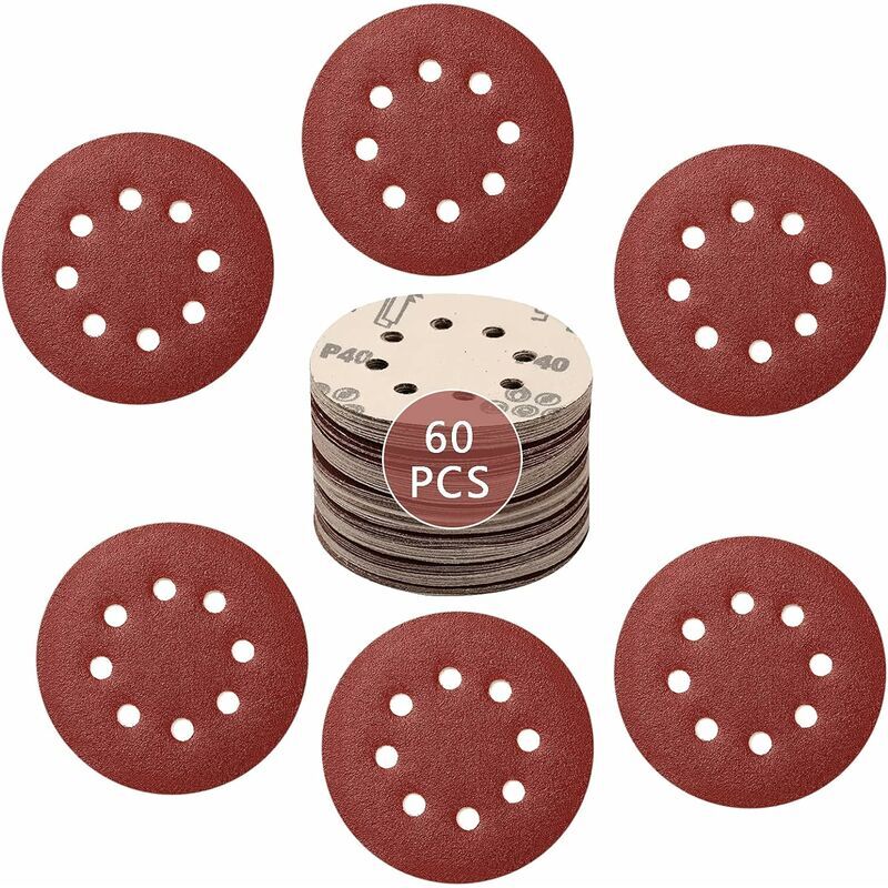 60pcs disques abrasifs auto-agrippants de 125 mm, 8 trous, disques abrasifs de 125 mm, pour ponceuse excentrique, grain 20 x 40/80/120