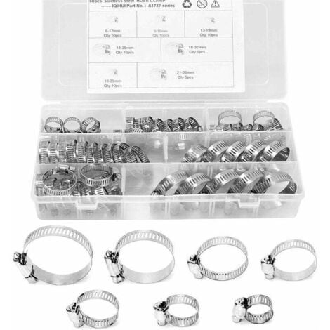 60pcs Stainless Steel Hose Clamps 6-38mm Steel Hose Clamps Adjustable Hose Clips Assortment of 7 Sizes for Family Water Pipes Tanks Automotive Pipes