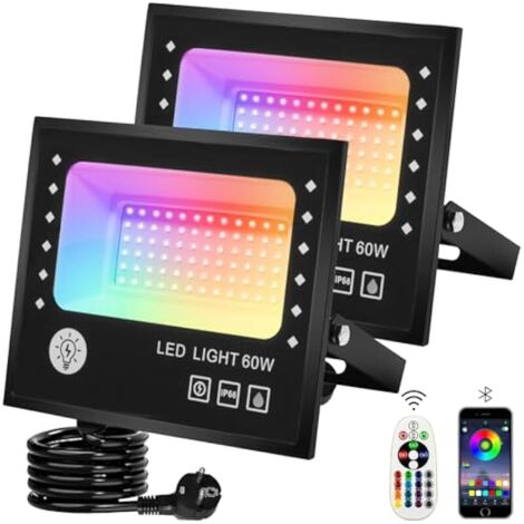 60W Projecteur RGB Exterieur,Projecteur LED Couleur 16 Millions De Couleurs et Mode Stroboscopique Minuterie,Spot Extérieur 6000lm Ip66 Étanche pour Cour,Terrasse,Noël,Fêtes,2 Pièces
