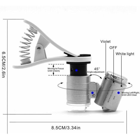 60x Magnification Microscope, Attachable Micro Lens for LED and UV Light for Most Cell Phones, Universal Cell Phone Holder