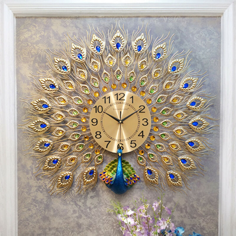 

60x58cm Reloj de pavo real moderno y elegante Reloj de cuarzo Reloj de pared silencioso para sala de estar (dorado, TIPO A)