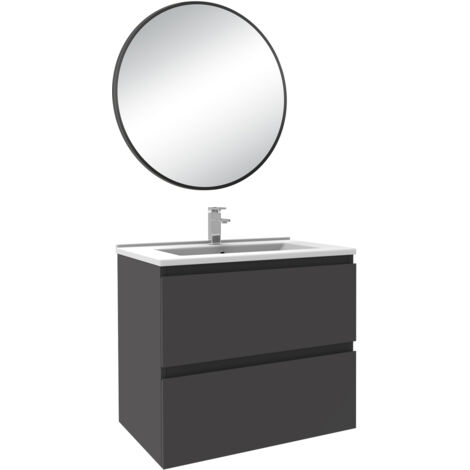 610mm Bathroom Cabinet Set Grey Vanity Unit with Basin 2 Drawers + Black Framed Round Mirror