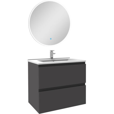 610mm Bathroom Cabinet Set Grey Vanity Unit with Basin 2 Drawers + Round LED Bathroom Mirror A
