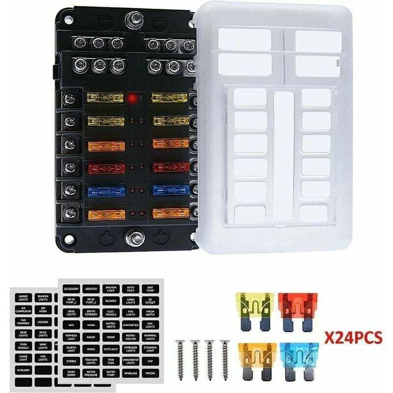 Alovez - 6/12 Voies Boîte Fusibles 12V, Porte Fusible Blocs Fusible Lame avec 16 Fusibles 6 Voyants led Couvercle de Protection pour 12V/24V Voiture