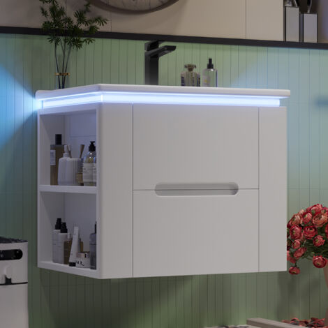 61x46x48,5 cm armoire de salle de bain murale, laquée intégralement, éclairage à capteur radar LED, deux tiroirs, rails coulissants silencieux, deux étagères latérales, meuble vasque, lavabo intégré, 