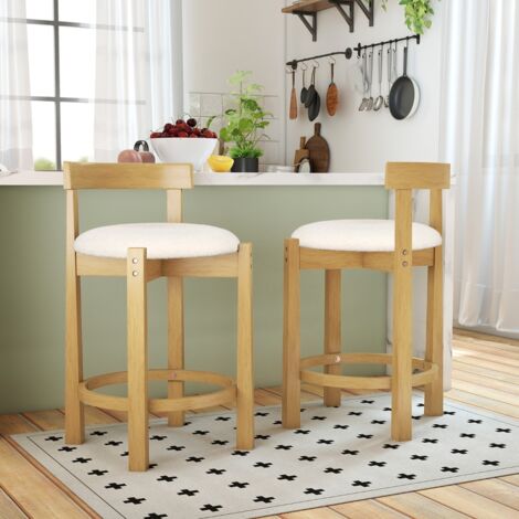 62 cm Lot de 2 Tabourets de Bar Hauteur Comptoir Chaises de Bar Rembourrées en Velours Teddy avec Dossiers et Repose-Pieds Blanc