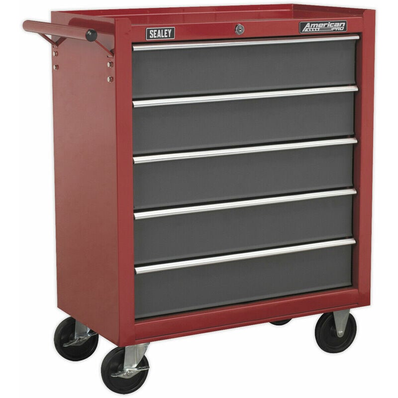 Loops - 620 x 330 x 770mm 5 Drawer red Portable Tool Chest Locking Mobile Storage Box