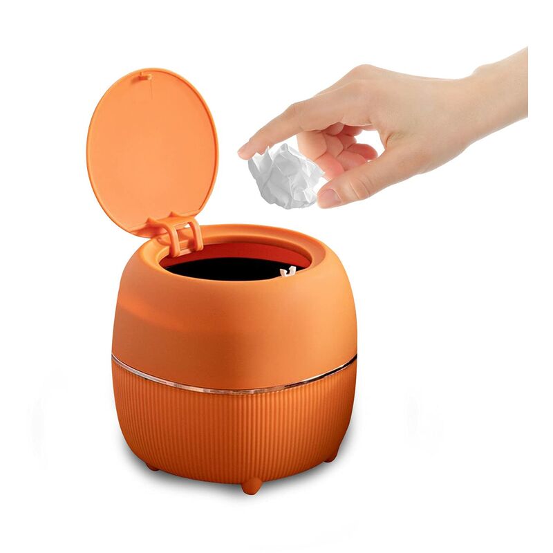 6.25.9 Inch Mini Round Printing Plastic Trash Can with Lid, Small Plastic Trash Can for Countertop, Home, Kitchen, Bathroom, Office (Orange)
