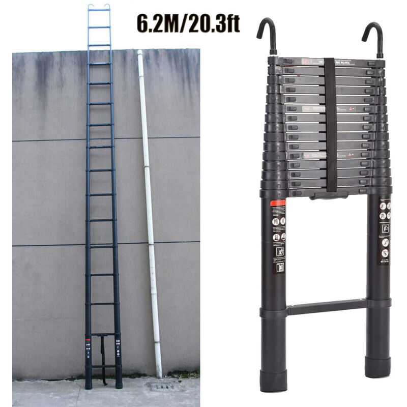 6.2M 20.3ft Telescopic Ladder w Detachable Hook Aluminum Ladder Heavy Duty EN131