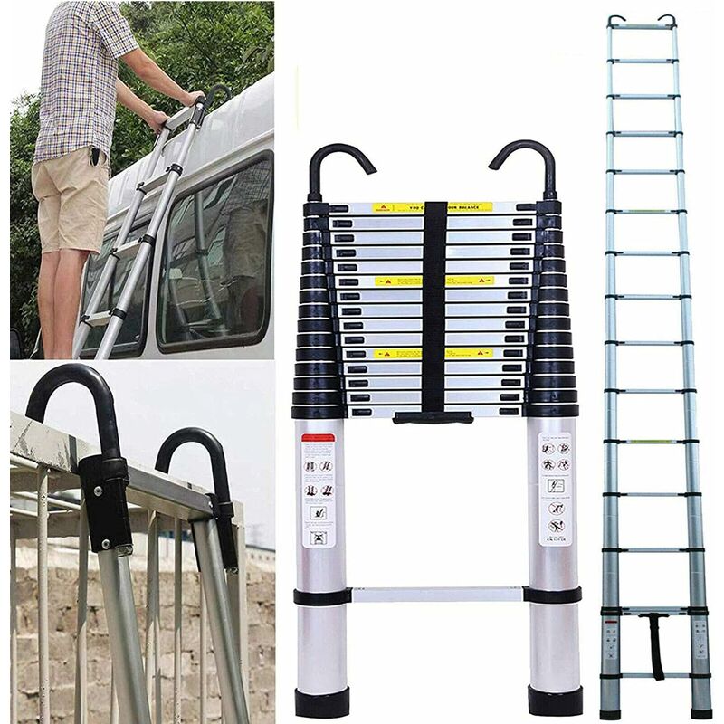 6.2M Aluminium Telescopic Ladder with Detachable Hook, Portable Extension Folding Ladder 150KG Capacity, Easy to Store, Closed Size 109x48x8.8cm